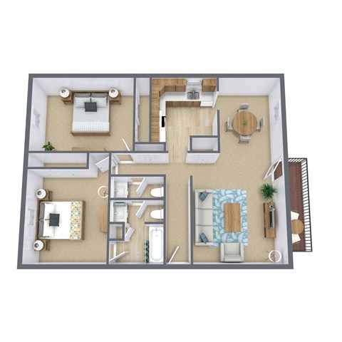 Floor plan for 2 beds, 1.5 baths, 1044 sqft